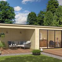 Blokhut met overkapping Pernilla 385x295 + Aanbouw onbehande