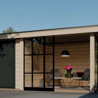 MAATWERK Modern tuinhuis met overkapping.