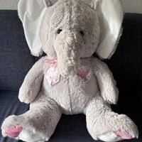 Grote knuffel olifant grijs met wit roze accenten 