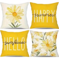 Set van 4 kussenhoezen mosterdgeel bloem en tekst 40x40cm