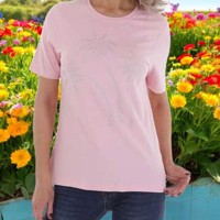 T-shirt strak getailleerd roze glitter palmbomen 46