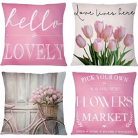 Set van 4 kussenhoezen tulp en fiets lichtroze groen 45x45cm
