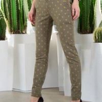 Place du Jour bedrukte broek met gouden cactus opdruk khaki 