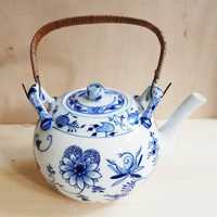 Vintage uienpatroon keramische theepot blauw en wit keramiek