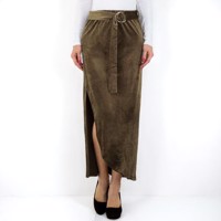 Lange velourse rok met split khaki bruin S/M