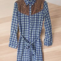 Voyelles geruite blouse glitter blauw M