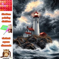 50x40cm Diamond Painting vuurtoren in storm (vierkant) nr 16