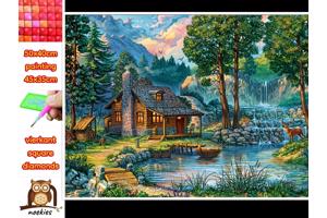 50x40cm Diamond Painting Houten boshuisje (vierkant) nr 45