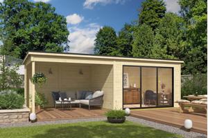 Blokhut met overkapping Pernilla 385x295 + Aanbouw onbehande