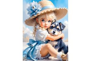 50x40cm Diamond painting meisje met hondje (vierkant) nr 39