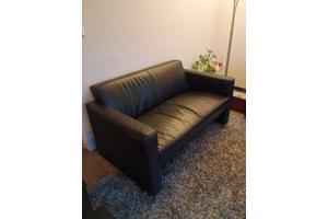 2 zwarte banken, 2 zwarte bijzettafels, grijs hoogpolig tapijt