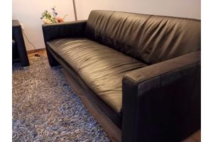 2 zwarte banken, 2 zwarte bijzettafels, grijs hoogpolig tapijt