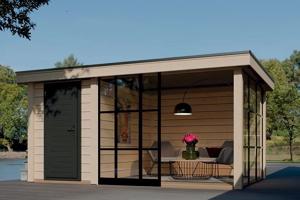 MAATWERK Modern tuinhuis met overkapping.