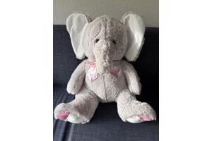 Grote knuffel olifant grijs met wit roze accenten