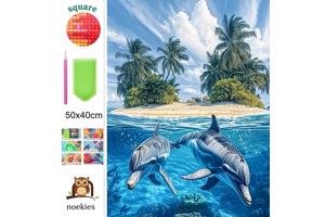 nr 4 Diamond Painting eiland dolfijnen 50x40cm (vierkant)