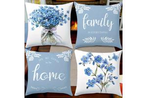 Set van 4 kussenhoezen lichtblauwe flowers met tekst 45x45cm