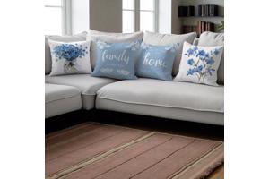 Set van 4 kussenhoezen lichtblauwe flowers met tekst 45x45cm