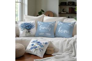 Set van 4 kussenhoezen lichtblauwe flowers met tekst 45x45cm