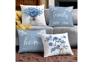 Set van 4 kussenhoezen lichtblauwe flowers met tekst 45x45cm