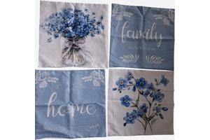 Set van 4 kussenhoezen lichtblauwe flowers met tekst 45x45cm