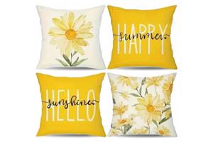 Set van 4 kussenhoezen mosterdgeel bloem en tekst 40x40cm