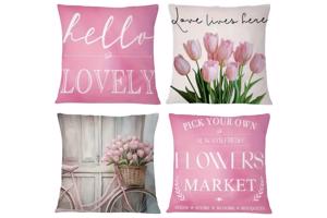 Set van 4 kussenhoezen tulp en fiets lichtroze groen 45x45cm