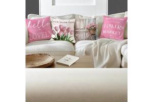 Set van 4 kussenhoezen tulp en fiets lichtroze groen 45x45cm