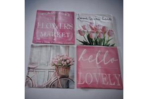 Set van 4 kussenhoezen tulp en fiets lichtroze groen 45x45cm