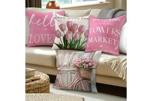 Set van 4 kussenhoezen tulp en fiets lichtroze groen 45x45cm