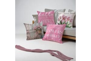 Set van 4 kussenhoezen tulp en fiets lichtroze groen 45x45cm