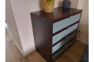Ladekast met 4 lades, donkerbruin met melkglas