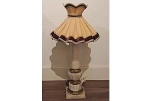 Vintage Tafellamp - Albast & Messing Voet - Geplooide Kap