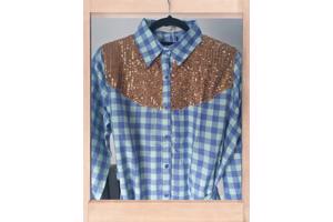 Voyelles geruite blouse glitter blauw L