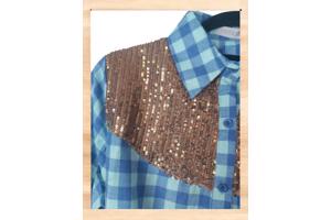 Voyelles geruite blouse glitter blauw L