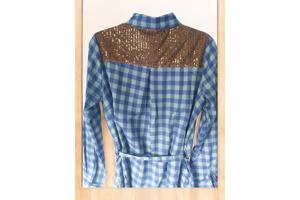 Voyelles geruite blouse glitter blauw L