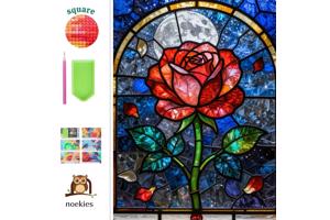 nr 68 Diamond Painting roos glas in lood 50x40cm (vierkant)