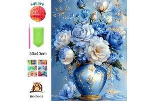 nr 26 Diamond Painting bloemen blauw 50x40cm (vierkant)