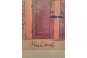 Schilderij bureau en wasbak