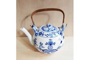 Vintage uienpatroon keramische theepot blauw en wit keramiek