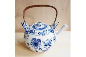 Vintage uienpatroon keramische theepot blauw en wit keramiek