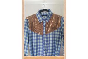 Voyelles geruite blouse glitter blauw M