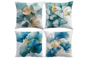 Set van 4 kussenhoezen bloemen turquoise goud 45x45cm