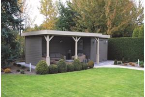 NIEUW Modern Tuinhuis PR25 met overkapping.