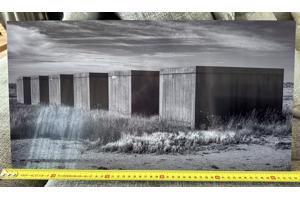 Two black and white photographs printed on metal