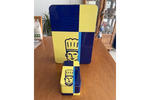 Blik Roka klein rechthoekig met relief blauw geel bakker