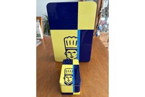 Blik Roka klein rechthoekig met relief blauw geel bakker