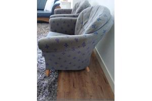 Twee fauteuils stof bruin/blauw