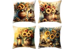 Set van 4 kussenhoezen zonnebloem olie lampje 40x40cm