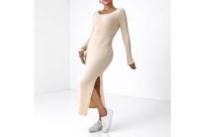 Stretchy beige jurk met split XXL