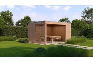 MAATWERK TUINHUIZEN, blokhutten en bijgebouwen.